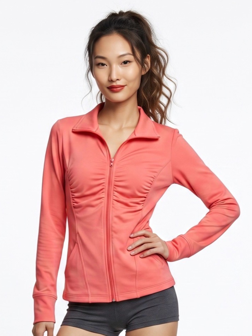 ZELLA Orange long sleeve collared front zip ruched stretch workout wear Jacket